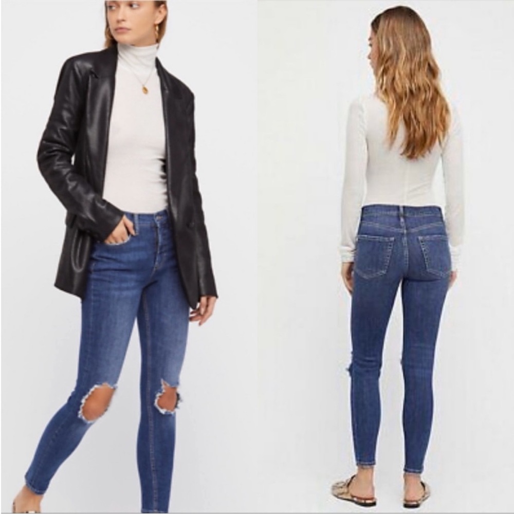 Urban Outfitters Free People Distressed Busted Knee Slim Leg Jeans Dark Wash 29
